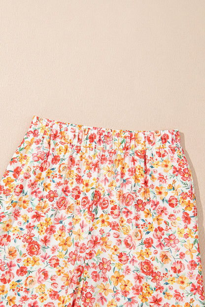 Pink Boho Floral Bandeau Top and High Waist Wide Leg Pants Set