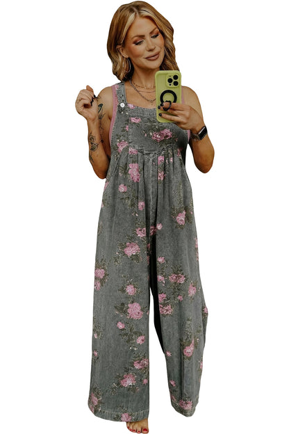 Beau Blue Floral Print Pleated High Waist Wide Leg Denim Jumpsuit