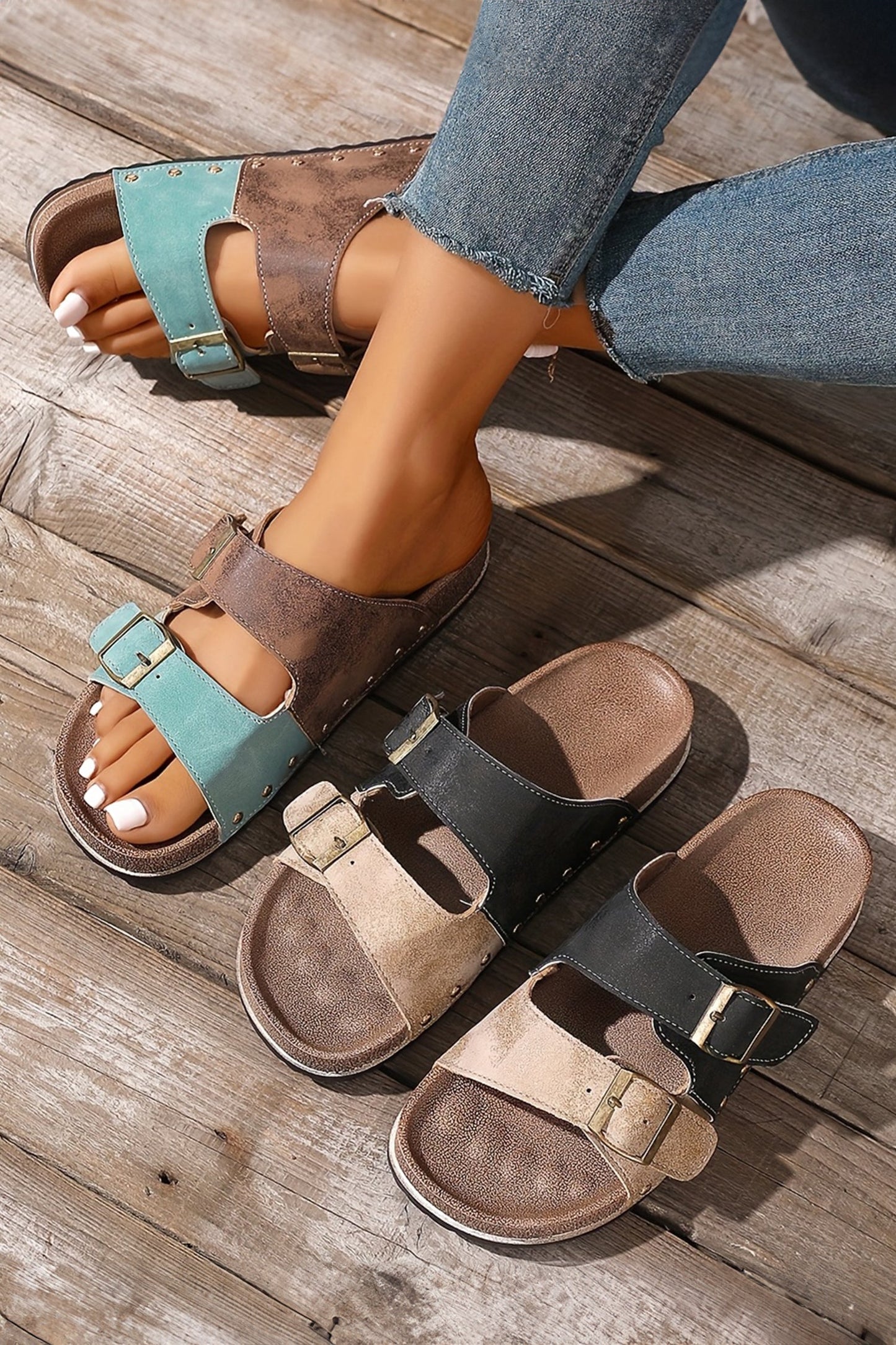 Light Blue Two-tone Retro Buckle Straps Hollowed Faux Suede Slippers