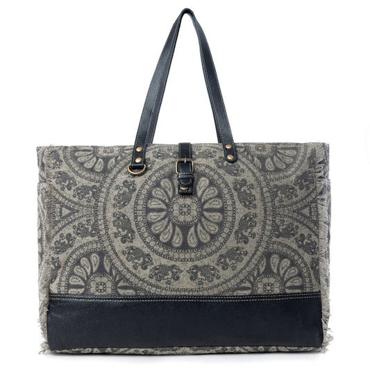 Myra Carmela Printed Canvas Weekender Bag â€“ Leather Handles with Buckle Strap, Spacious Travel Tote for Western Getaways