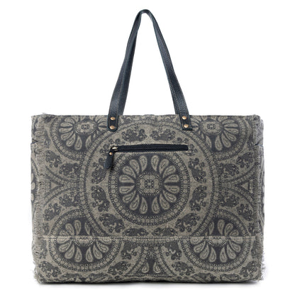 Myra Carmela Printed Canvas Weekender Bag â€“ Leather Handles with Buckle Strap, Spacious Travel Tote for Western Getaways
