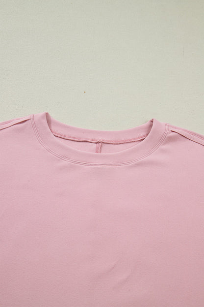 Light Pink Solid Color Bow Textured Patchwork Long Sleeve Tee