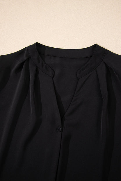 Rose Red Silky Notched Neckline Petal Sleeve Blouse