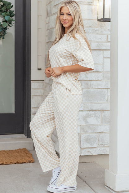 Rose Checkered Print Half Sleeve Tee 2pcs Lounge Pant Set