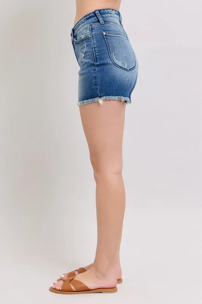 Judy Blue Full Size V-Front Denim Shorts with Shield Pockets Plus Size