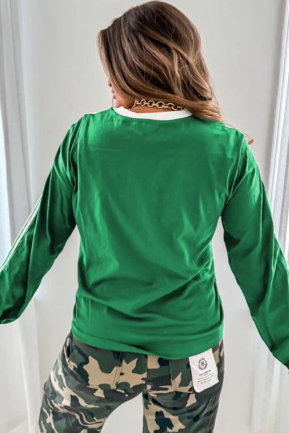 Bright Green Varsity Striped Accent Contrast Crew Neck Long Sleeve T Shirt